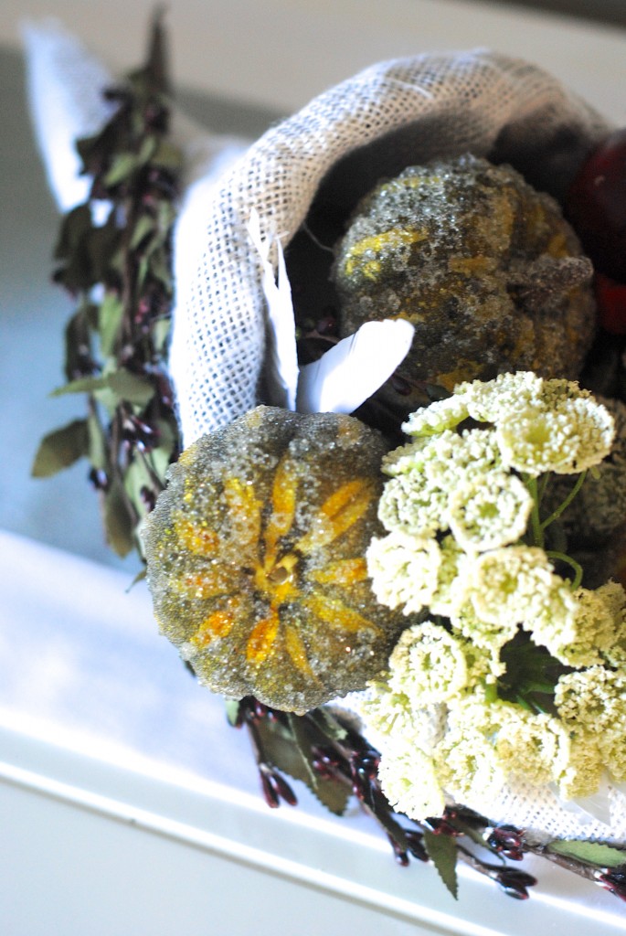 Modern Thanksgiving Decor Ideas: succulents and burlap wrapped cornucopias