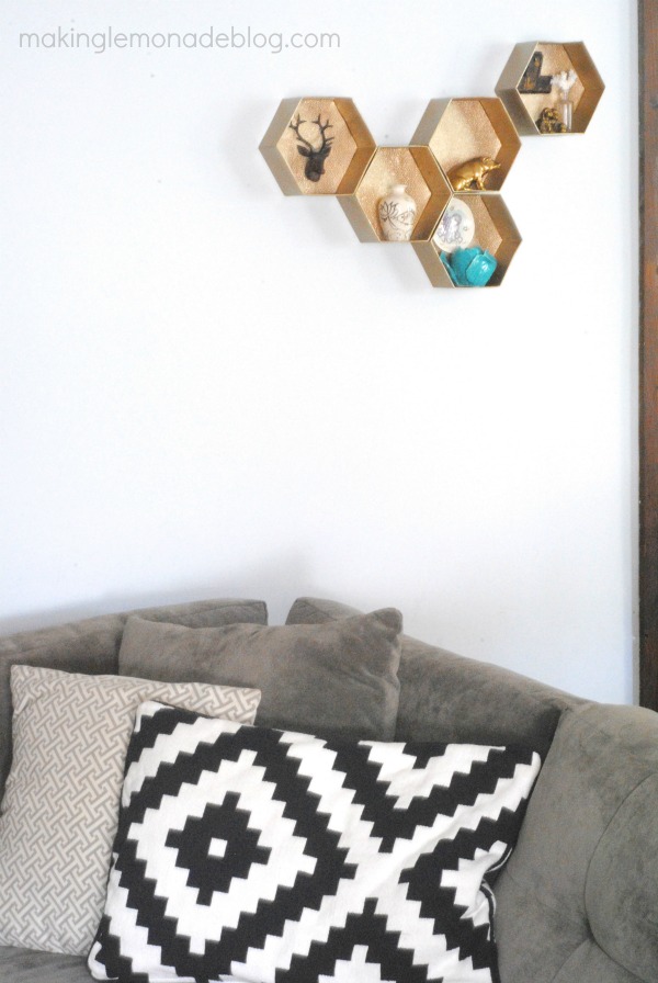 Easy DIY Hexagon Wall Shelves; you'll never guess what they're made from! www.makinglemonadeblog.com