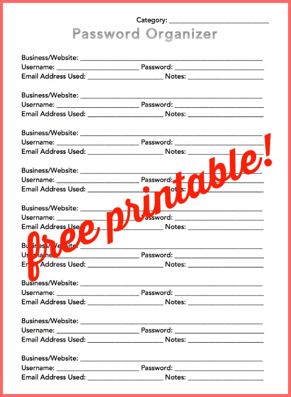 Free Printable Password Organizer