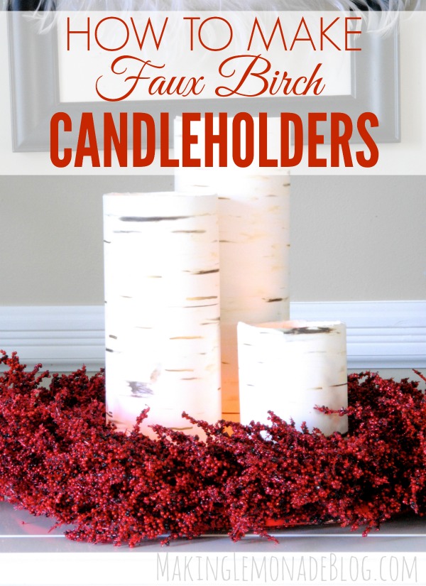 The perfect look for your rustic Christmas decor: DIY faux birch candleholders using thrift store vases. Catch the tutorial to see how to bring this beautiful Christmas decor idea int your home this holiday!