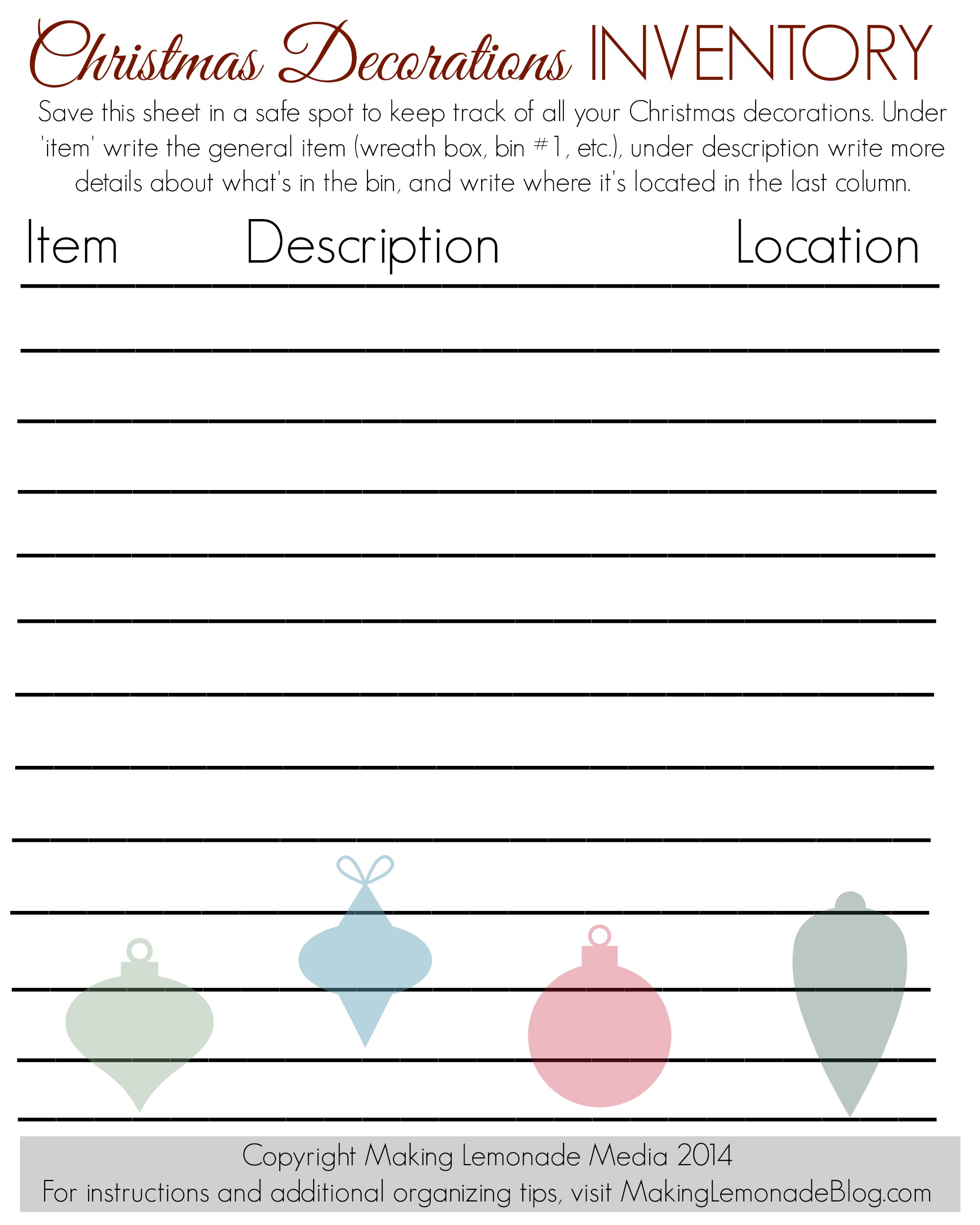Free Printable Christmas Decorations Inventory and Christmas Organization Tips!
