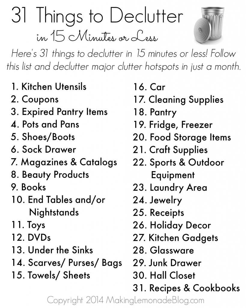 31 Areas to Declutter in 15 Mintues or less! This post is FULL of ideas for decluttering in just a few minutes a day as part of the Organize Everything 31 Day Challenge.