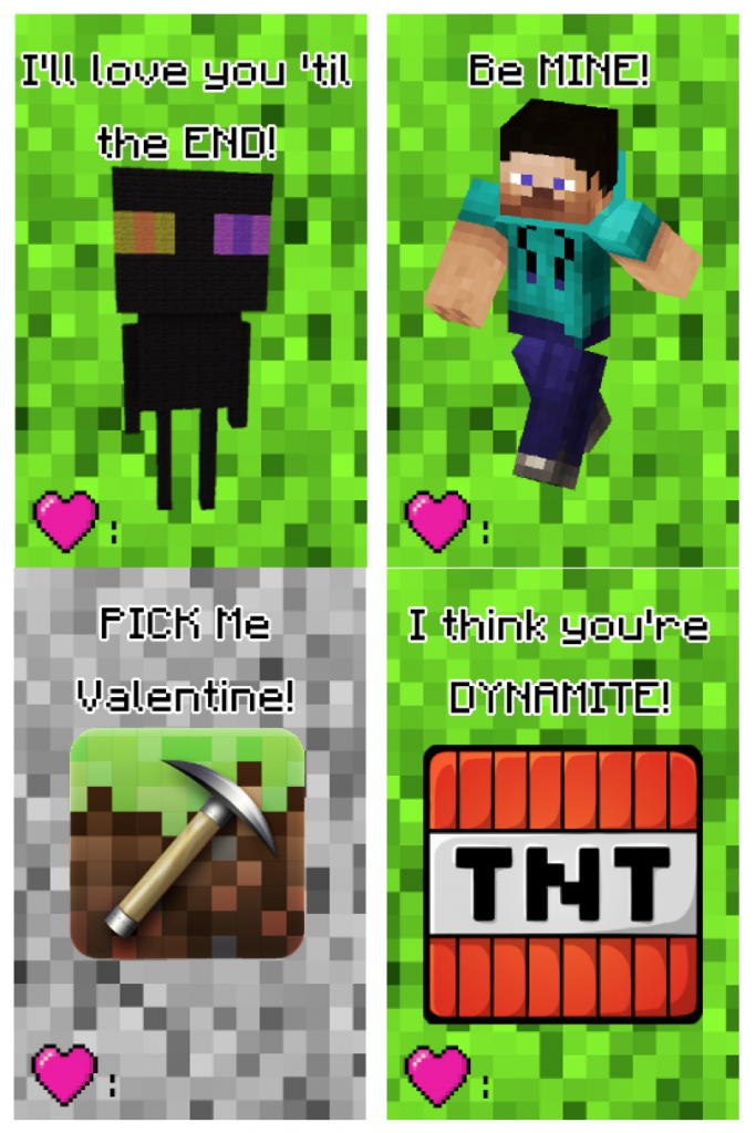My son is going to LOVE these free printable Minecraft Valentine's Day cards (also: Minecraft craft ideas!)