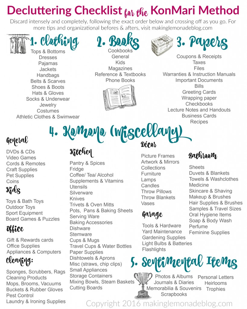Excited to use this free printable decluttering checklist for the KonMari Method of discarding and organizing! It includes ALL the categories in a handy checklist to kickstart your decluttering and organization spree. Love this series!