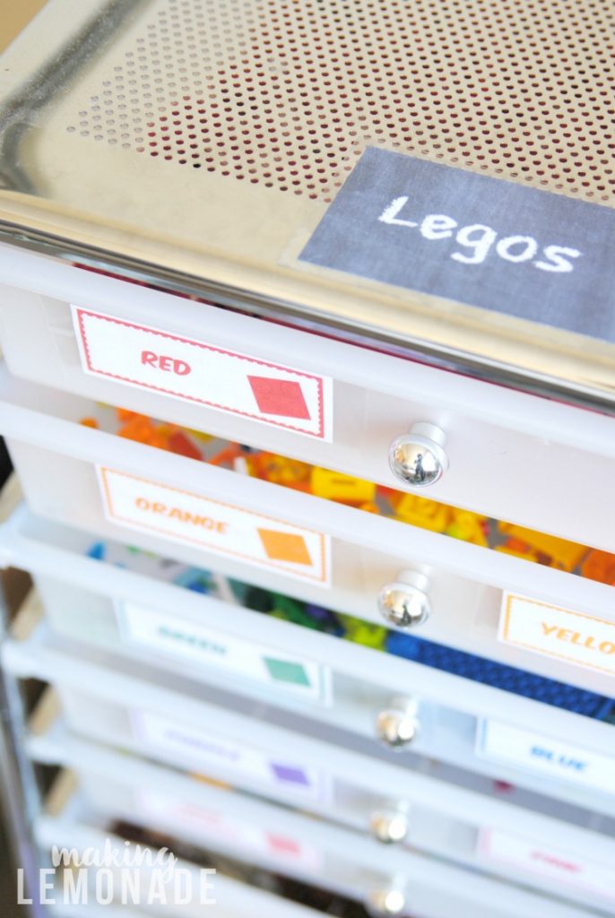 Woah, tons of easy LEGO storage and organization ideas here! Especially love the free printable labels for the rolling LEGO organizer! 