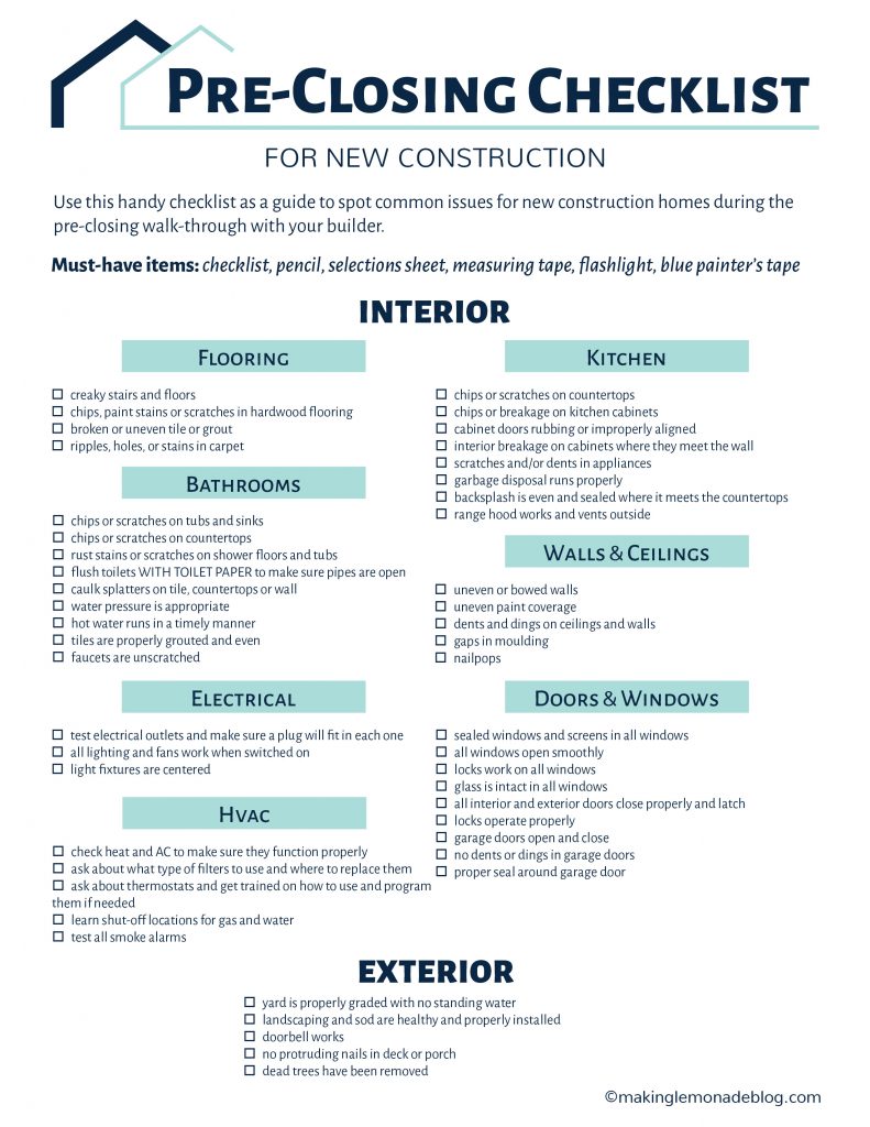 Pre-Closing Checklist when building your home