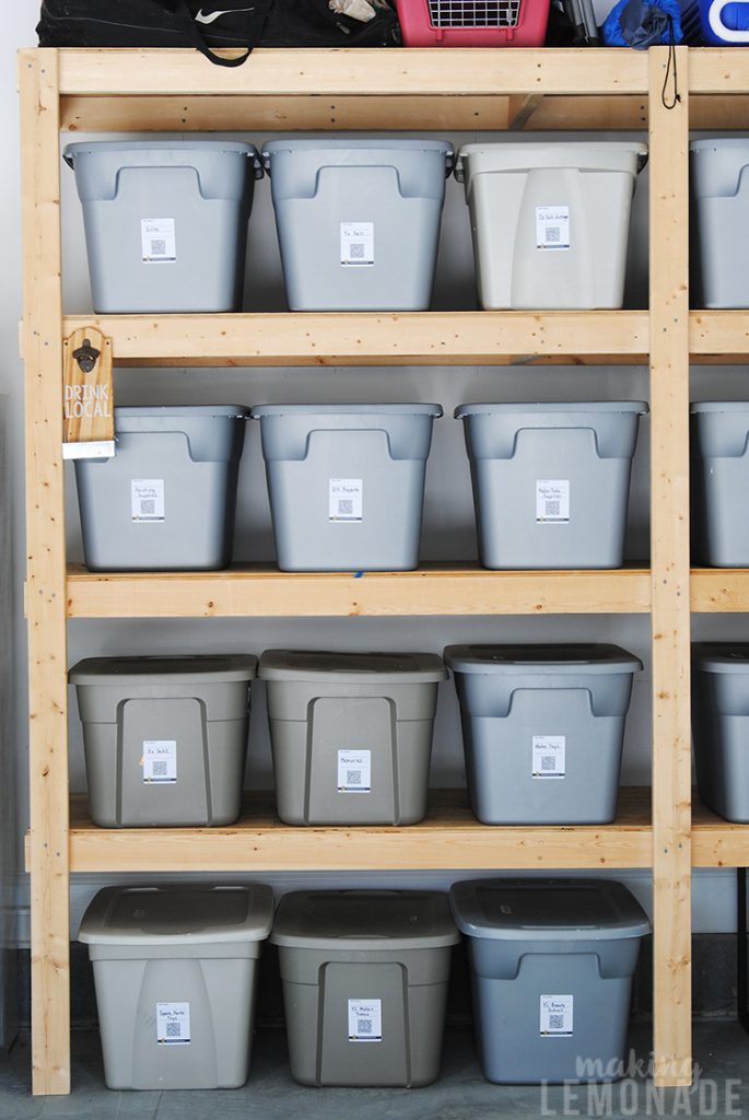 storage bins on garage shelves to organize your home