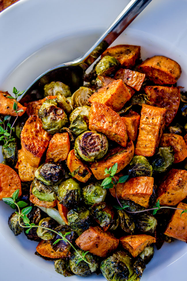 Roasted sweet potatoes and brussels sprouts