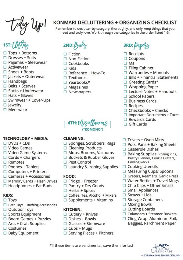 copy of The ULTIMATE free printable KonMari Decluttering checklist to tidy up every inch of your home #KonMari #Decluttering