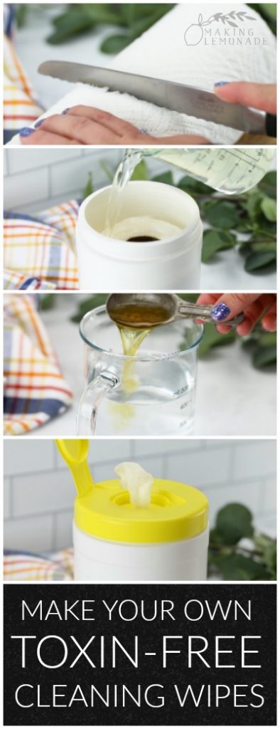 step by step collage for how make your own toxin-free DIY cleaning wipes with essential oils