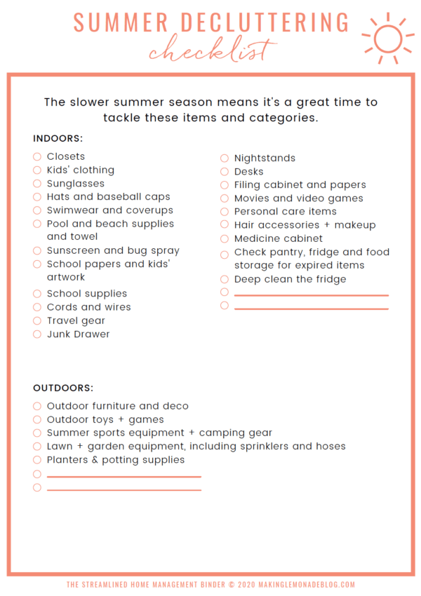 checklist with items to declutter each summer