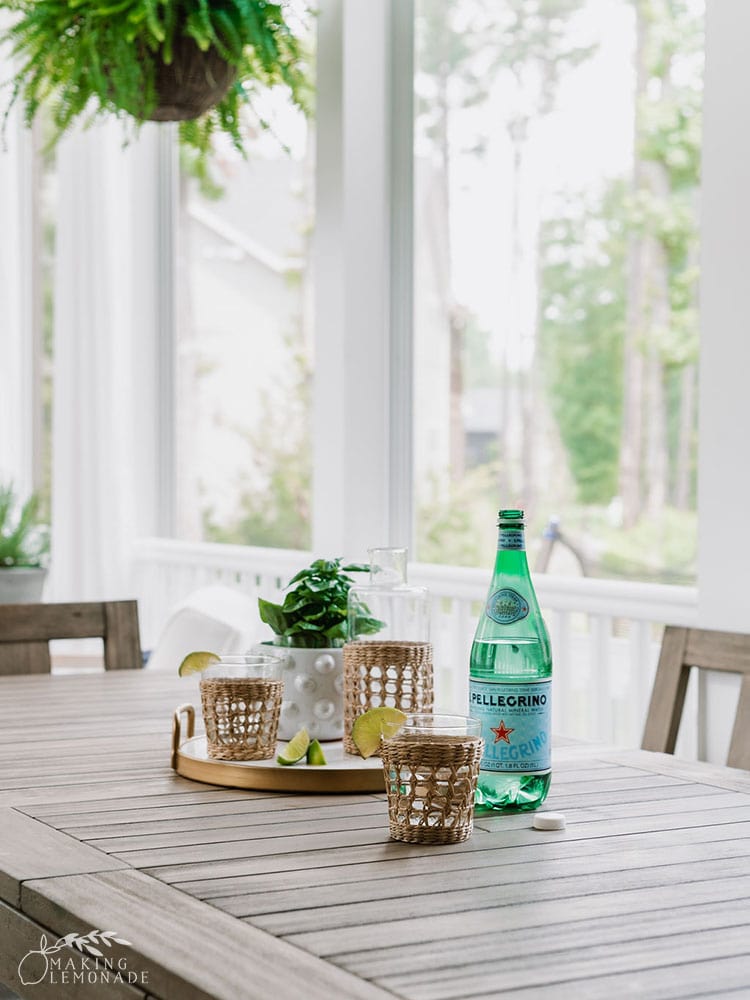 outdoor table with sparkling water
