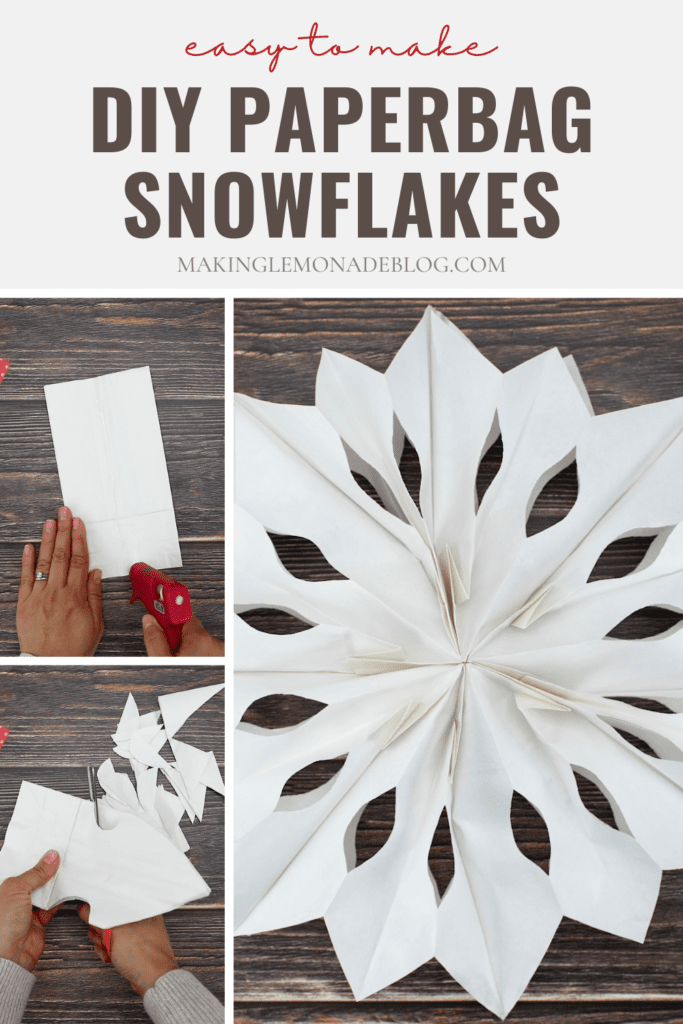 collage of how to make paper bag snowflakes