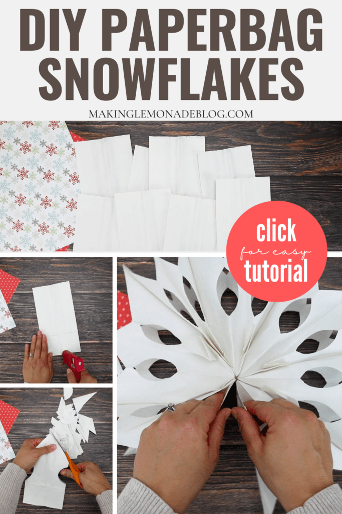 collage of how to make paper bag snowflakes