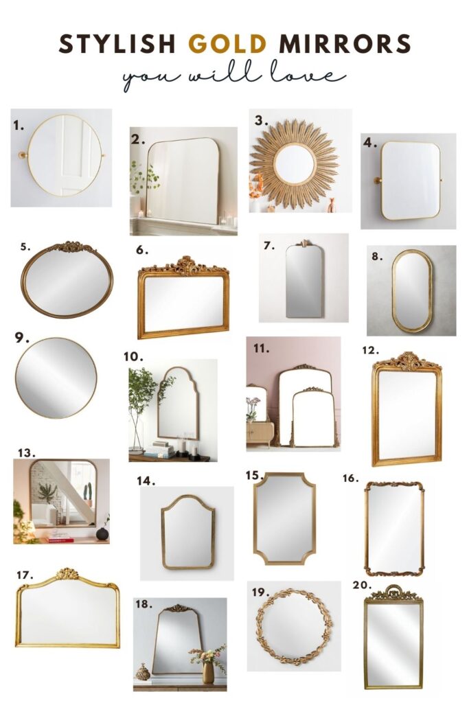 collage of trendy gold mirrors