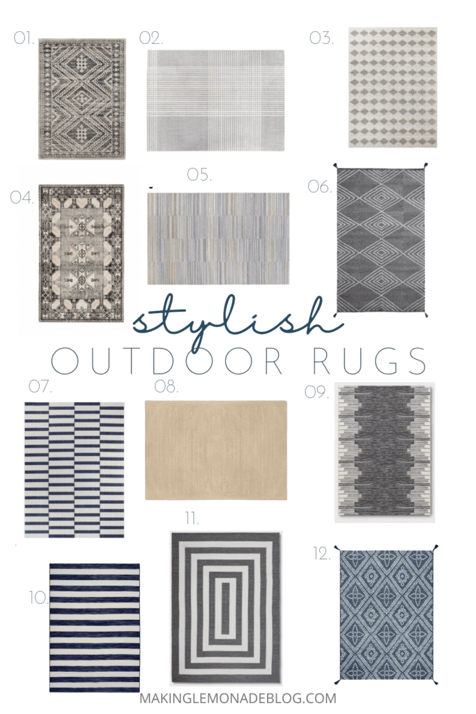 collage of stylish outdoor rugs