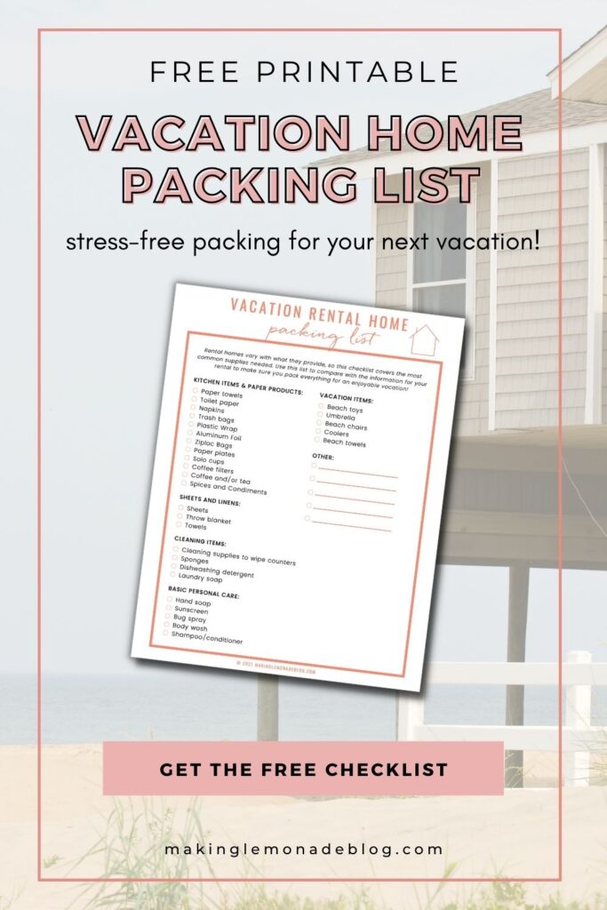 free printable vacation home rental checklist with beach house in background