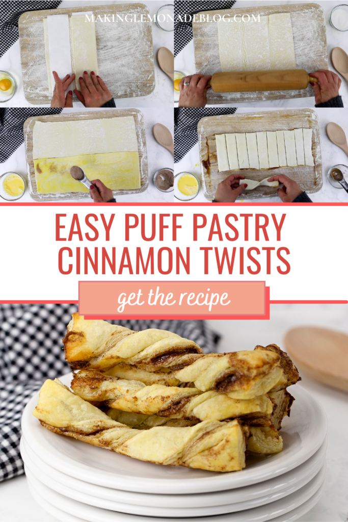 collage of how to make puff pastry cinnamon twists