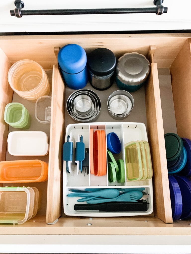 lunch box supplies organized in kitchen