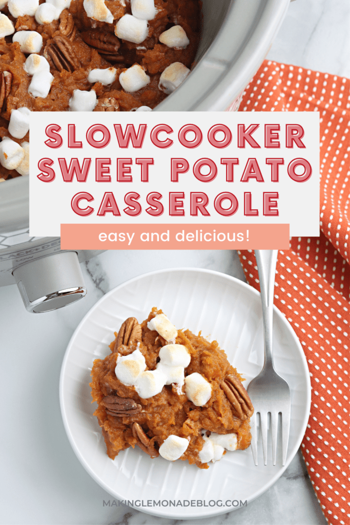 slowcooker with sweet potato casserole on plate with fork