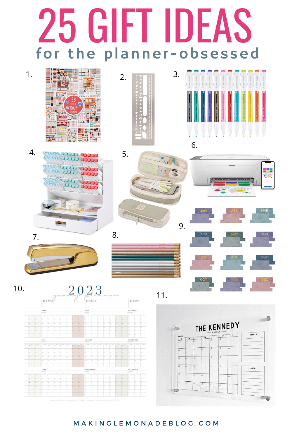 numbered collage of planner accessories and supplies