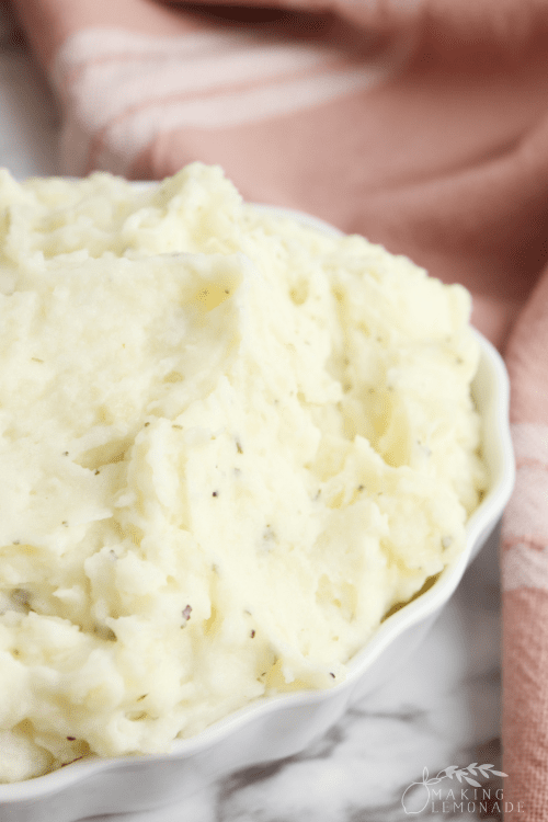 garlic mashed potatoes in casserole dish