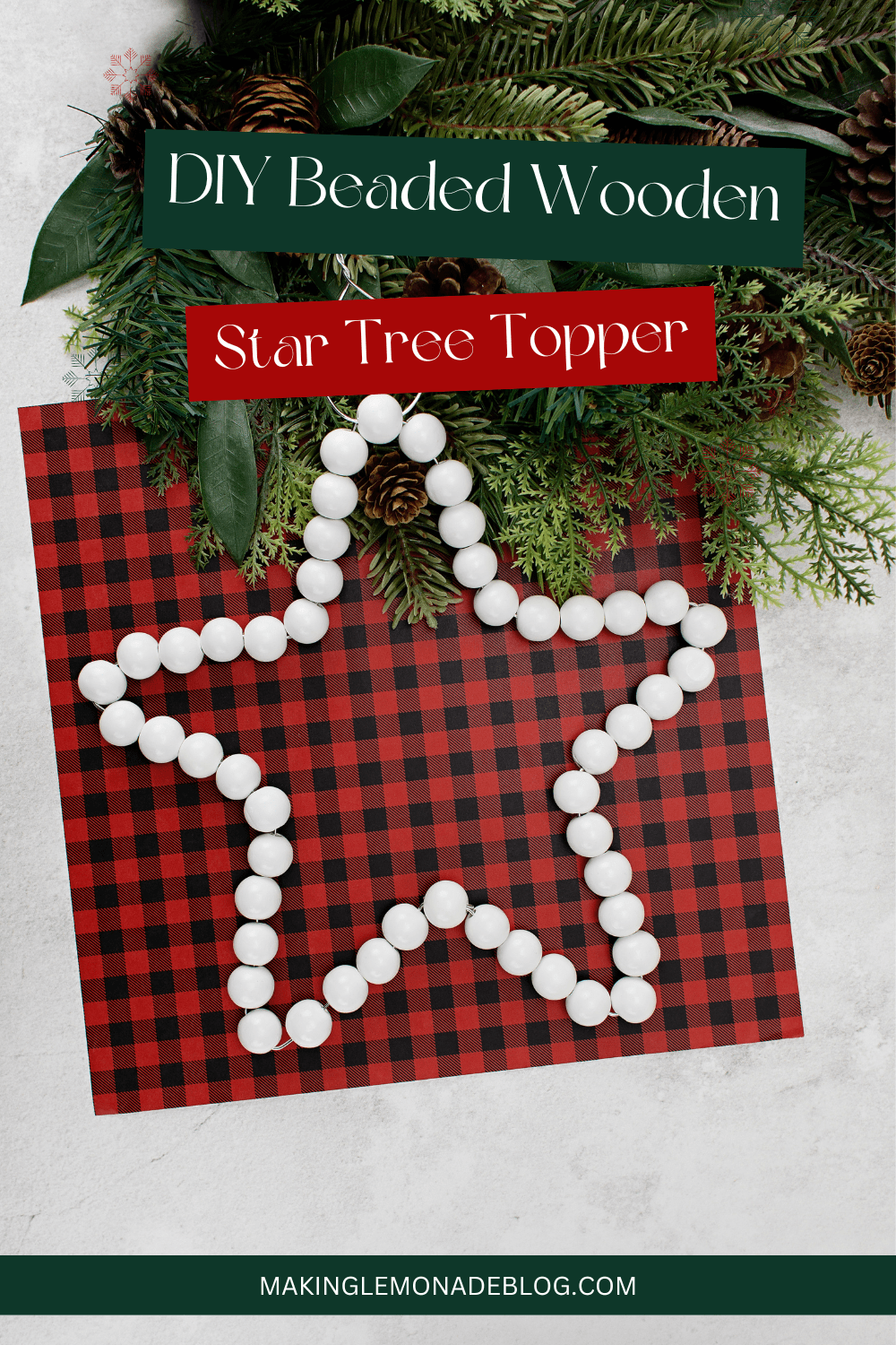 DIY star tree topper with white wooden beads