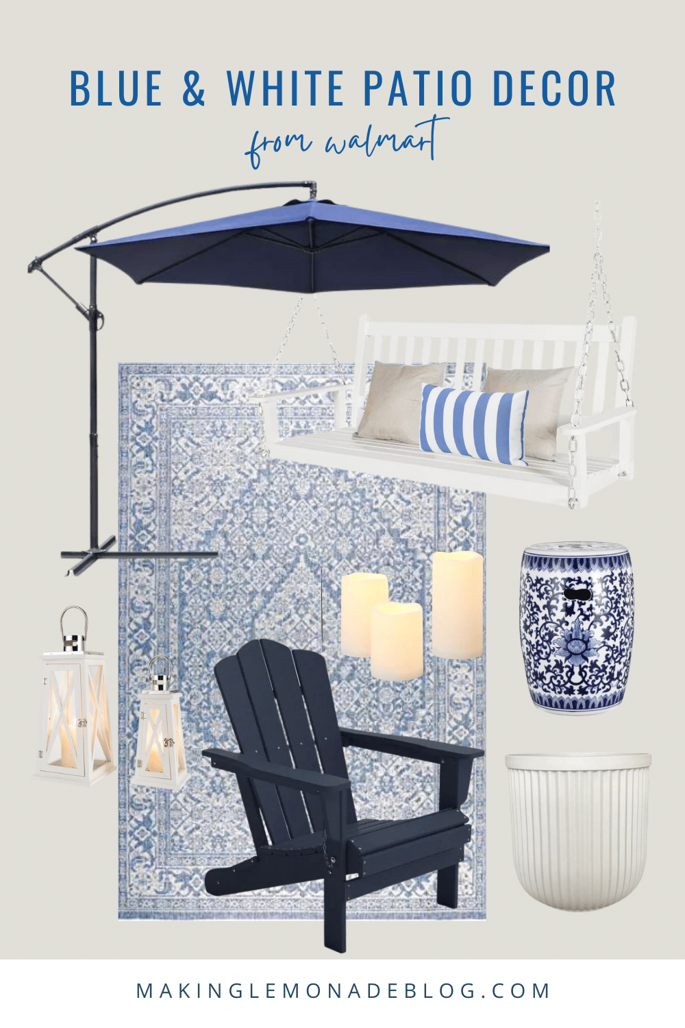 blue and white patio decor collage