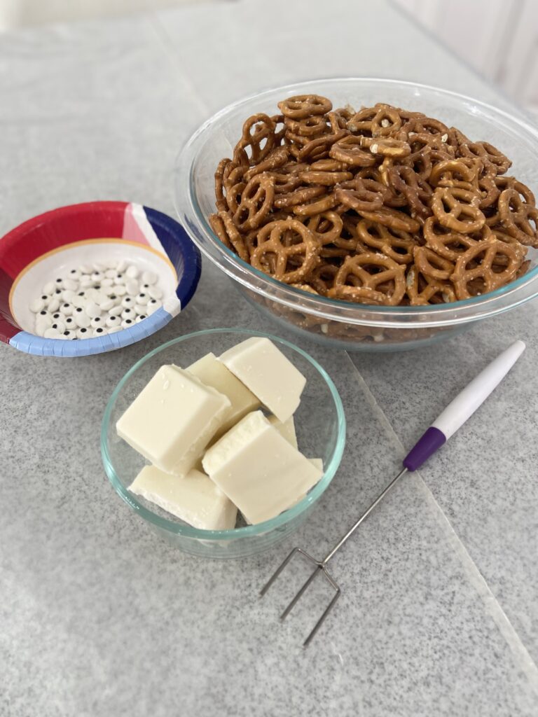 pretzels, chocolate, candy eyes