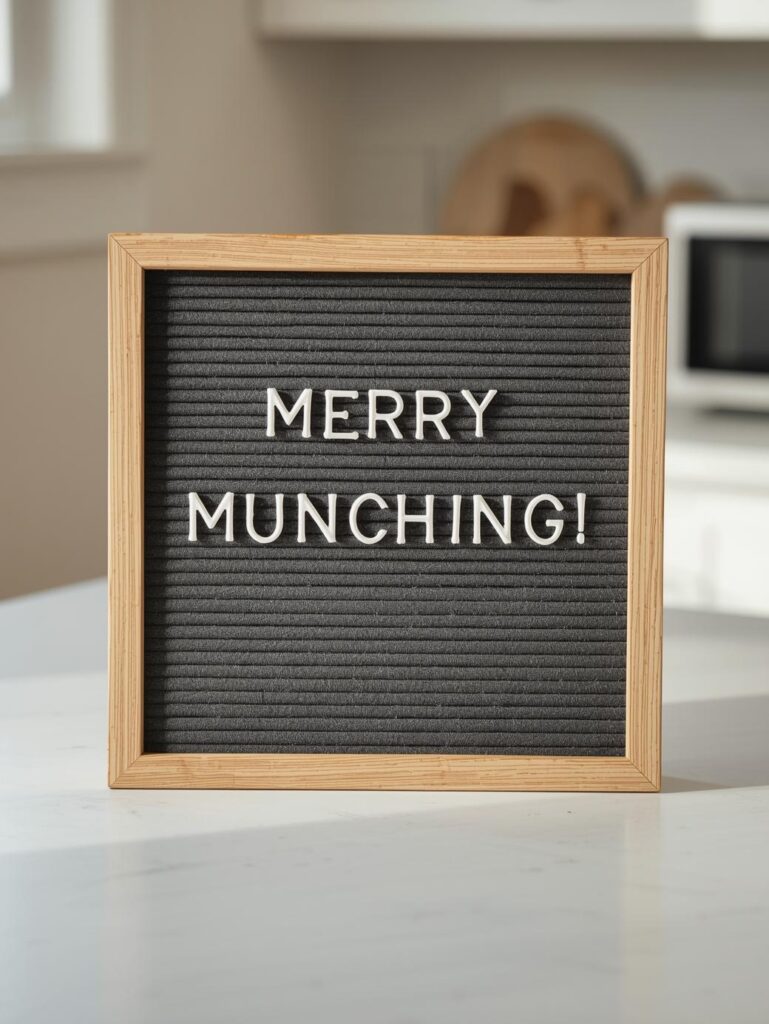 Letterboard in kitchen that says Merry Munching for Christmas