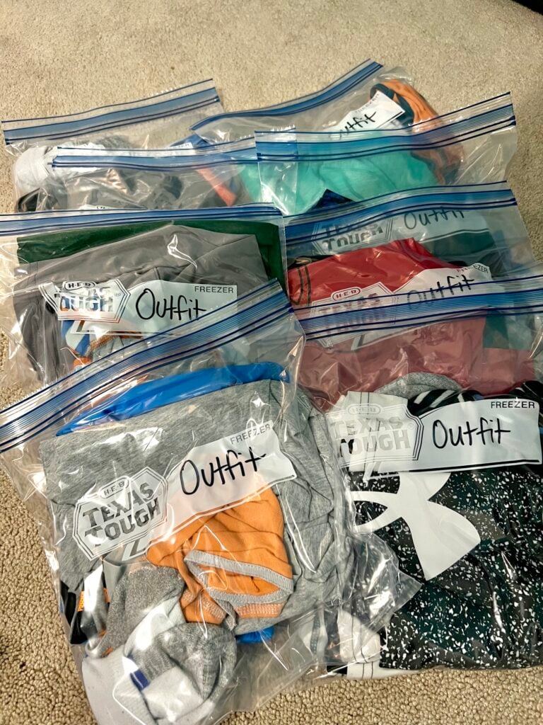 summer camp outfits in resealable plastic bags