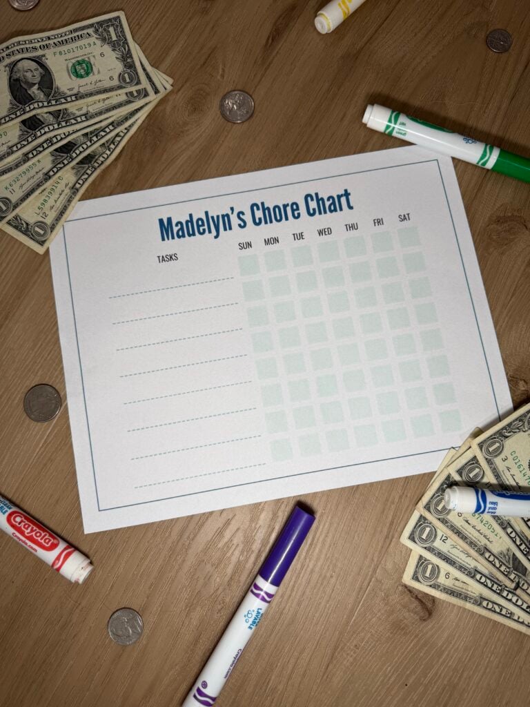 free printable chore chart and money and markers