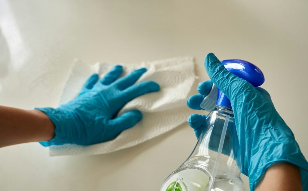 cleaning with spray bottle and paper towel