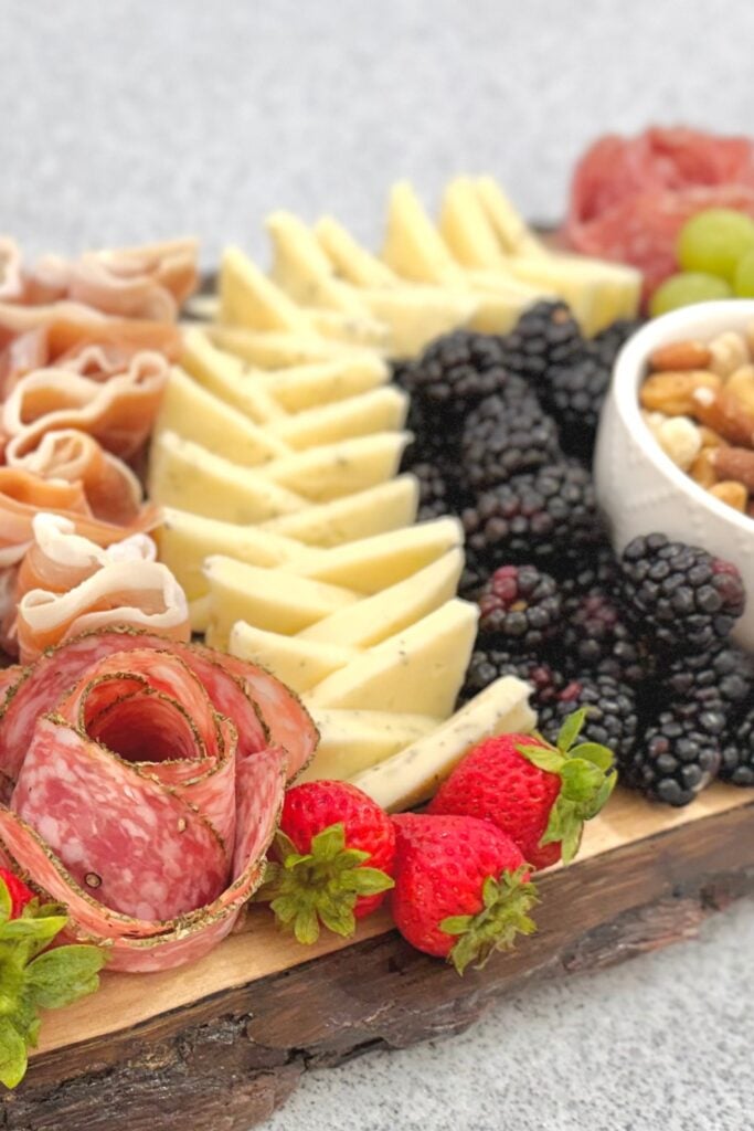 havarti dill cheese, blackberries, salami rose, strawberries